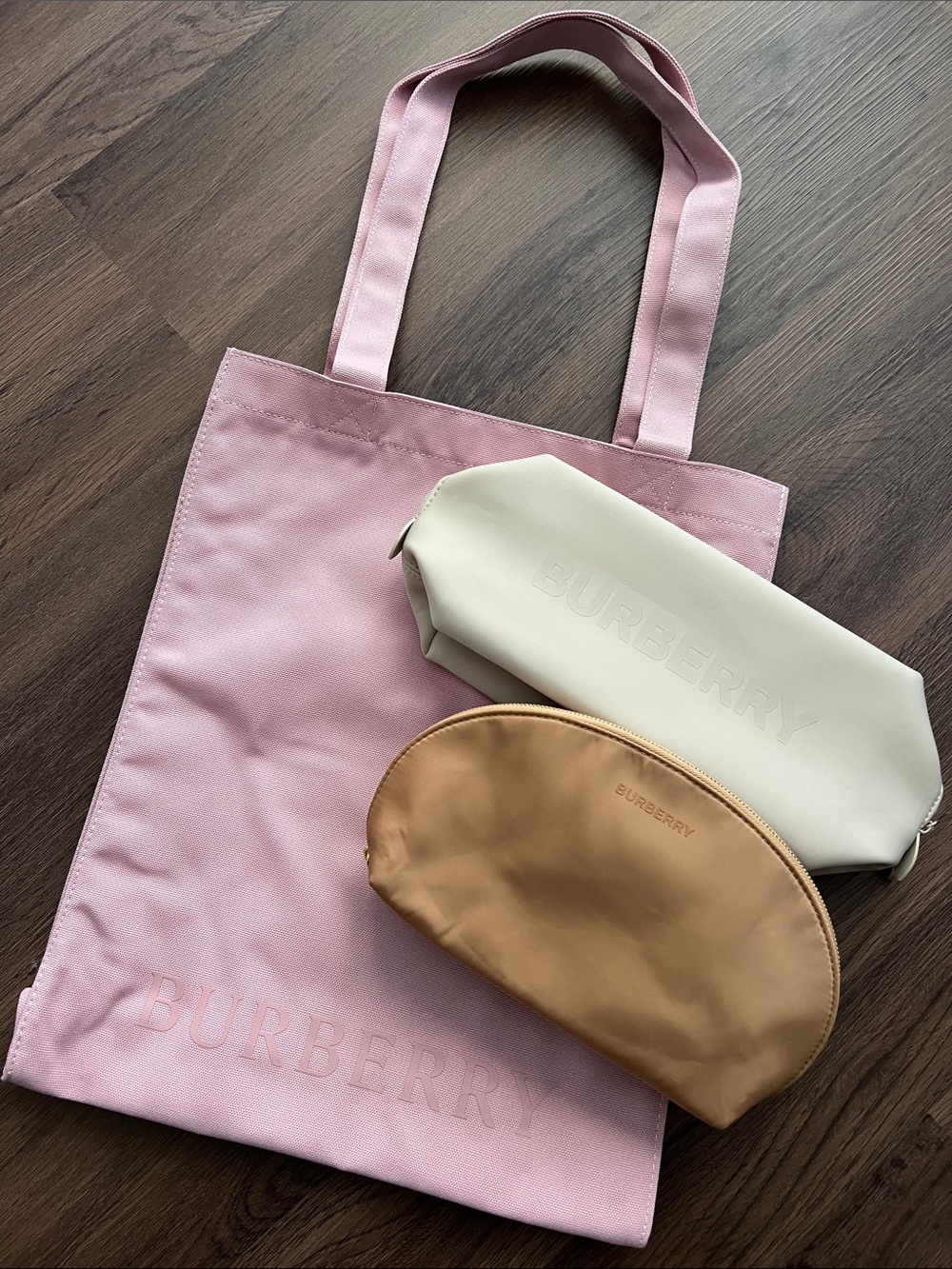 BURBERRY Pink Tote & Tan Make-up Pouch and Cream Toiletry bag